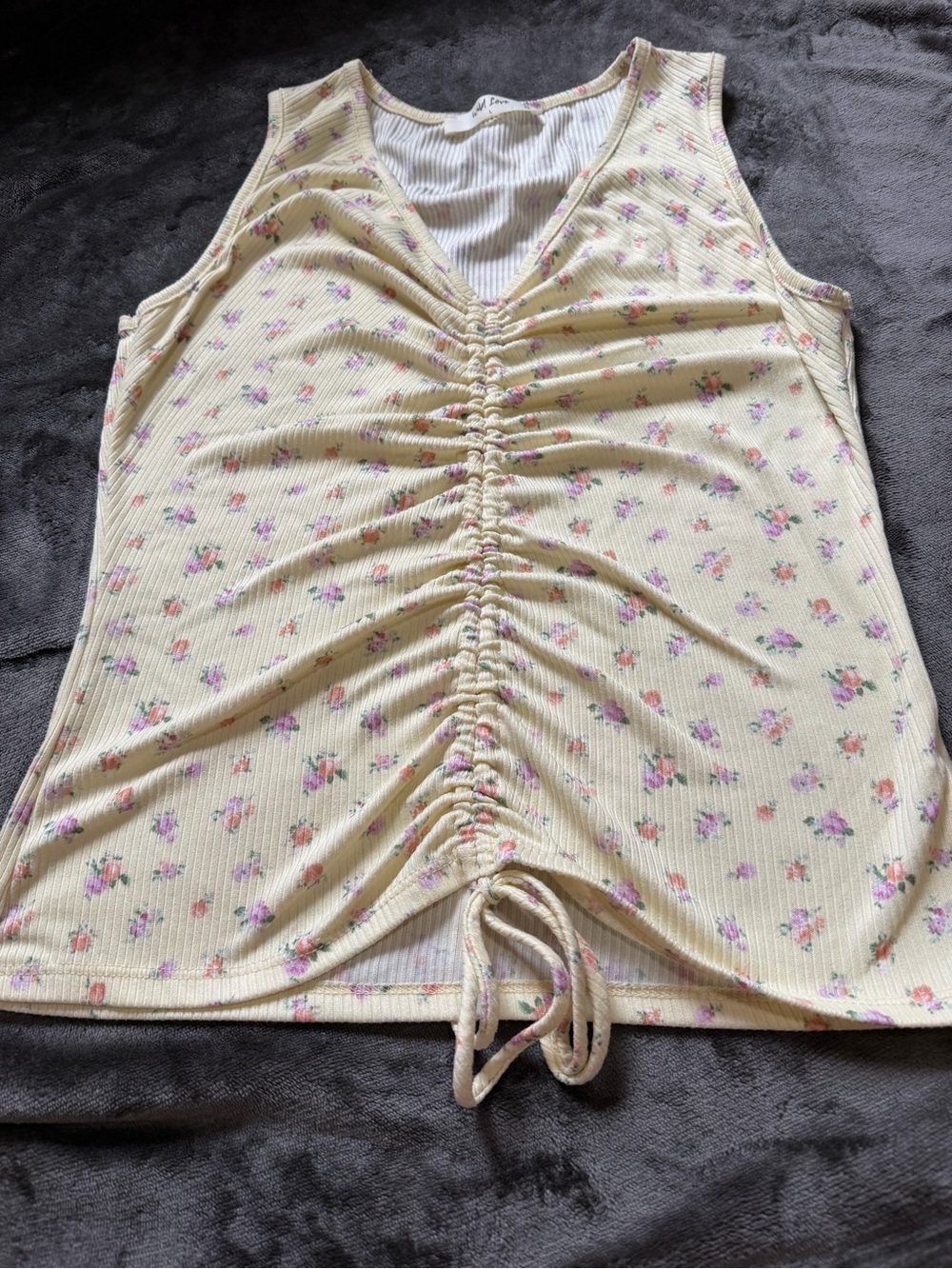 Ruched Floral Tank Top - Yellow- size L